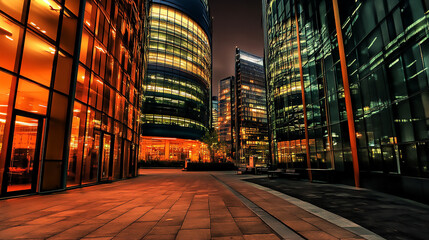 A deserted financial district at dusk, with only a few scattered lights on, highlighting the downturn in economic activity Industrial factory production line. Interior of the factory 