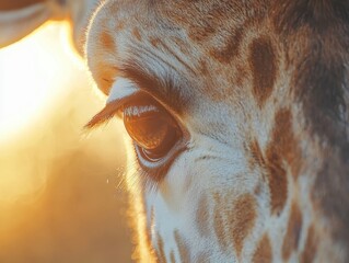 Close-Up of a Giraffe's Eye Captured in Golden Hour Light, Showcasing Intricate Patterns and Warm Tones in Nature's Splendor