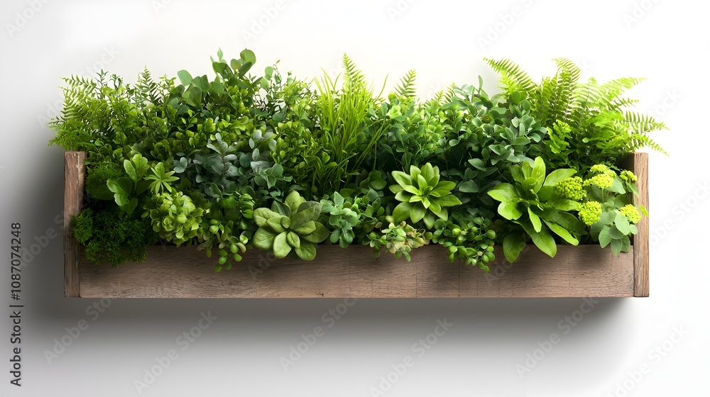 Poster rustic wooden planter overflowing with vibrant greenery cascading vines and diverse plant life again