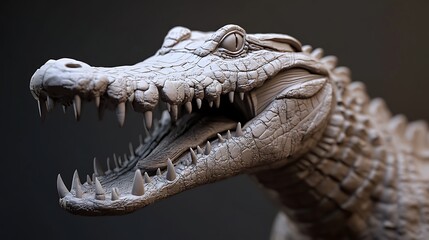 Obraz premium Detailed Clay Model of a Crocodile's Head, Open Mouth, Showing Teeth and Texture