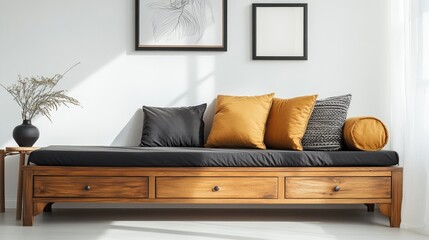 Elegant Minimalist Living Room with Stylish Wooden Daybed, Neutral Decor, Cozy Pillows, and Natural Light for Relaxation and Comfort in Modern Interior Design