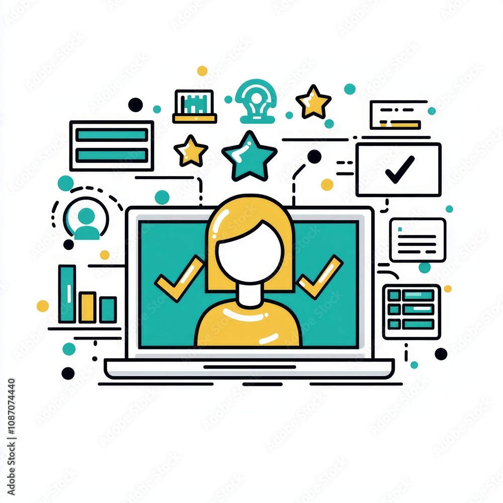 Poster minimalist infographic features sleek laptop faceless user background surrounded success icons like 