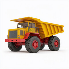 Obraz premium Yellow Quarry Dump Truck, Heavy-Duty Transport Vehicle, Realistic 3D Illustration, Large-Size Frame with Steel Platform Isolated on White Background