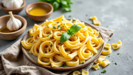 A plate of freshly made mafaldine pasta with a sprinkle of fresh basil on top.