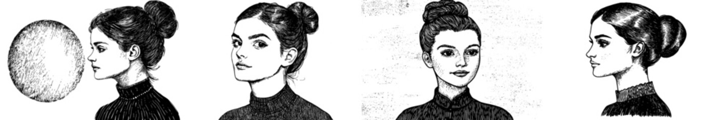 Illustration of a woman with a profile view, hand drawn in ink. Modern illustration in engraved style.