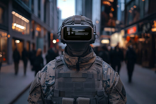 Military soldier drone operator wearing virtual reality headset standing in a city concept illustration.