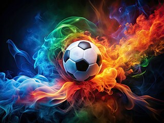 Fototapeta premium Surreal Soccer Ball in Colorful Flames and Smoke - Artistic Energy of the Game