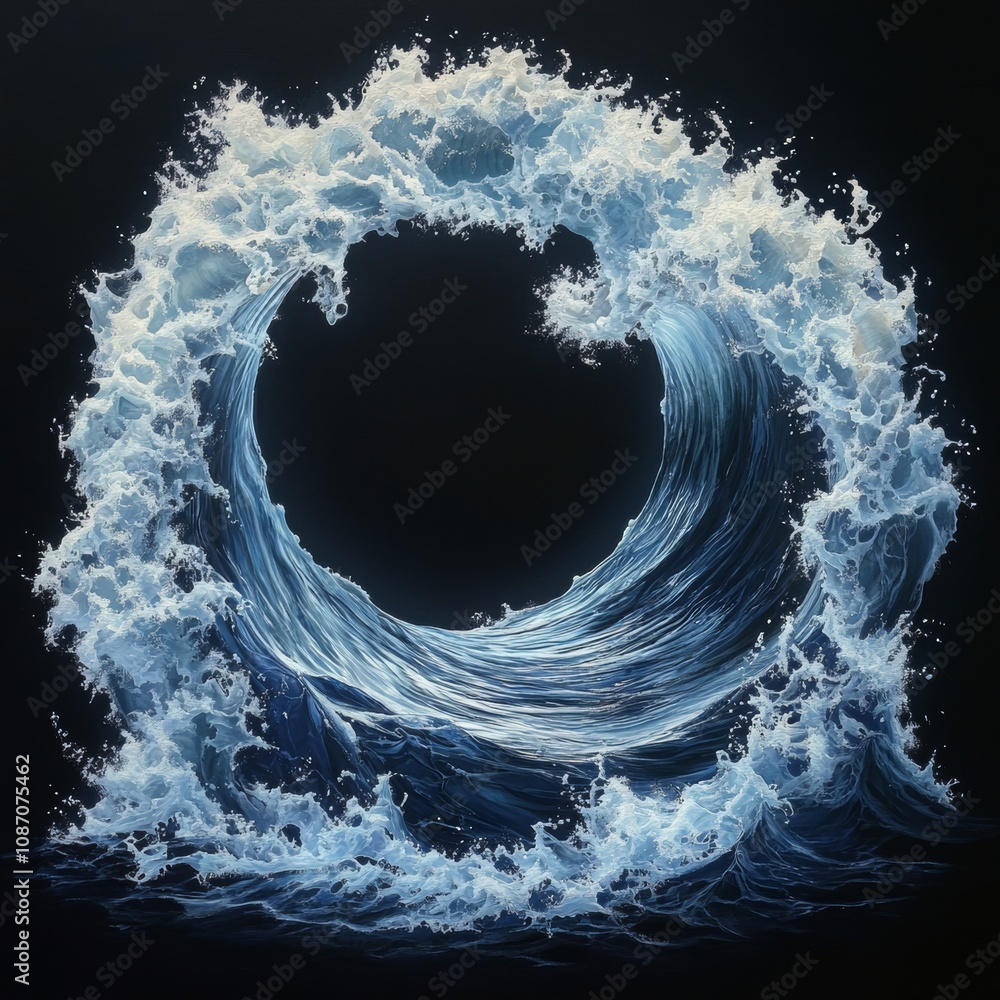 Poster Vibrant Circular Wave Formation, A high-resolution depiction of a mesmerizing circle formed by dynamic waves, showcasing intricate patterns and textures.