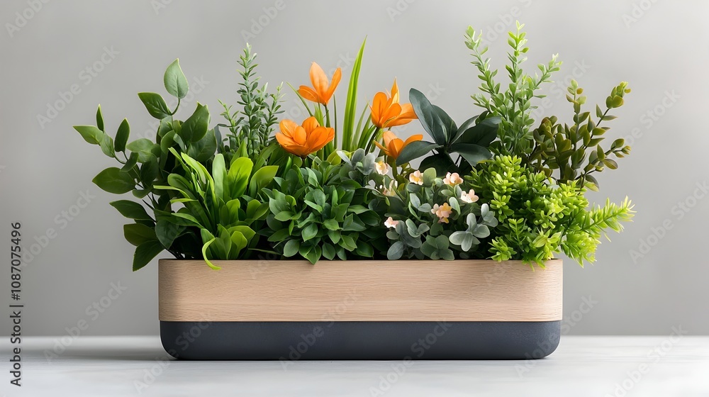 Poster artisanal wooden planter box bursting with a vibrant array of leafy houseplants trailing vines and d