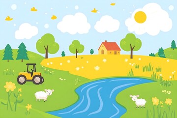 Beautiful landscape vector illustration of mountains, forests, fields and meadows. Stunning panoramic farm landscape with mountains in the background. Natural landscape