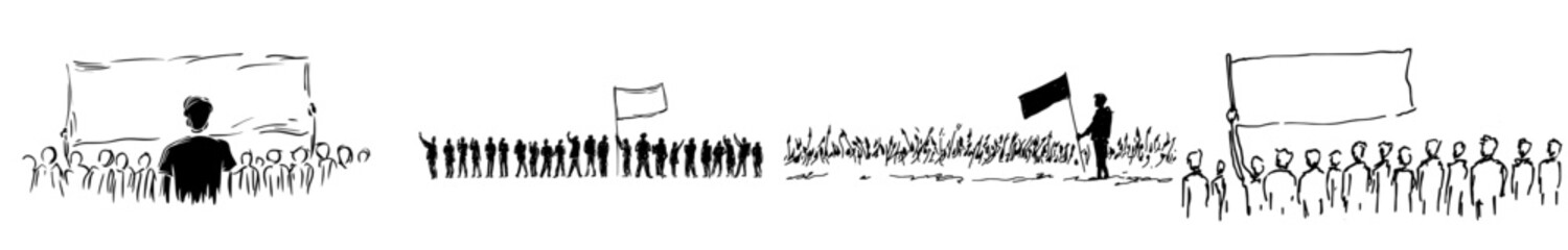 Demonstration, strike and revolution. Crowd of protesters with raised hands, banners, megaphone. Demonstration, strike and revolution. Struggling for human rights and political protest.