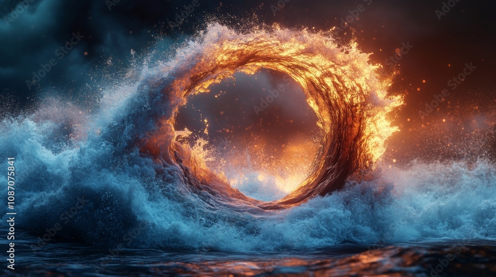 Poster vibrant circular wave formation, an intricate display of fluid motion and color in a stunning high-r