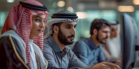 Obraz premium Focused Middle Eastern Professionals Collaborate on Computers in Modern Office Setting