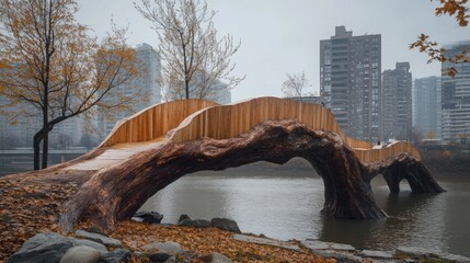 Fototapeta premium Tree Root Bridge, a sprawling structure resembling a giant root, elegantly spans the river, uniting two lush banks in an urban landscape.