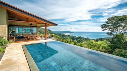Fototapeta premium Stunning Tropical Villa with Infinity Pool Overlooking the Scenic Ocean and Lush Green Landscape on a Bright Sunny Day