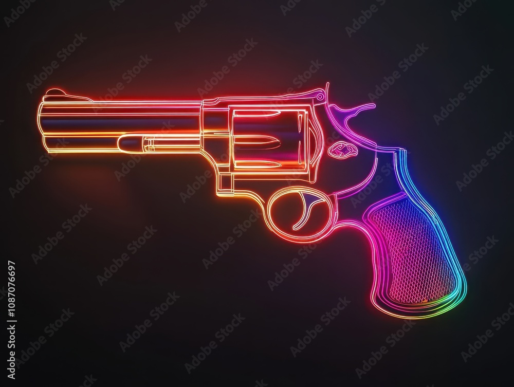 Poster vibrant neon art of a revolver displaying colorful lines against a dark background, symbolizing mode