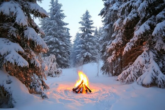 Cozy Campfire in Snowy Pine Forest