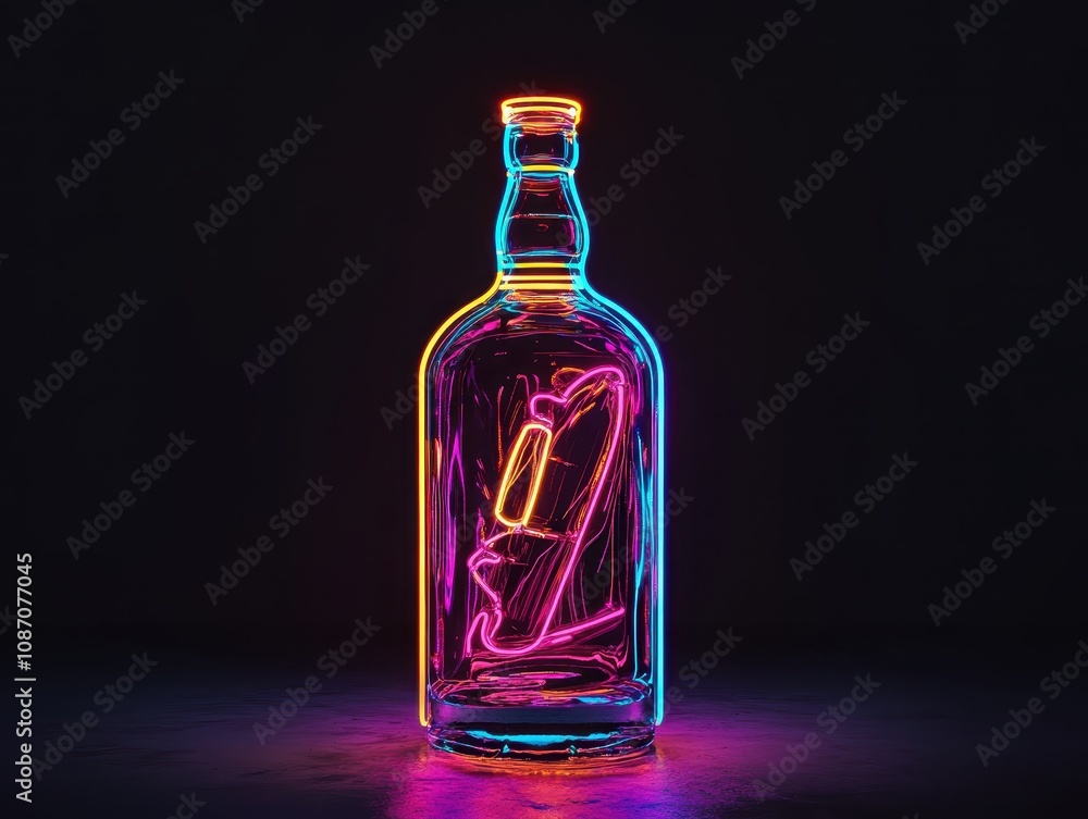 Poster vibrant neon light trails illuminating a transparent bottle with a unique design, captivating intera