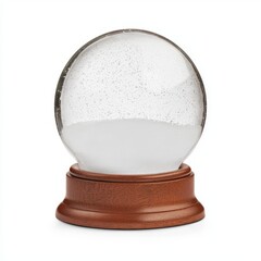 Clear glass snow globe with wooden base, isolated on white.