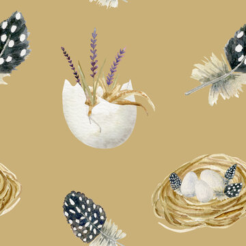 Watercolor seamless pattern with quail feathers eggshell decorated with lavender and nest on beidge