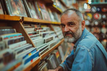 Person look vinyl records in retro music store, surrounded by various music genres classic CDs tapes vintage musical instruments, Generative AI