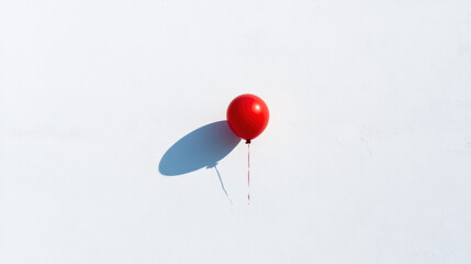 Single red balloon pops stark white background shadow minimalism simple elegance festive joy celebration