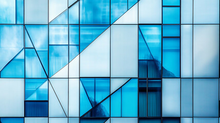 A modern skyscraper with glass facade rises into a clear blue sky, viewed from below in a striking perspective  with geometric patterns and reflective surfaces, showcasing modern architectural aesthet