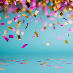 Colorful confetti falling on teal background.