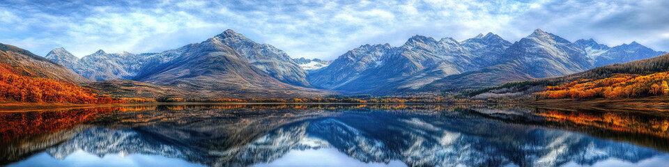 Obraz premium Mirrored Mountain Majesty: A stunning mountain range reflected in pristine lake waters.