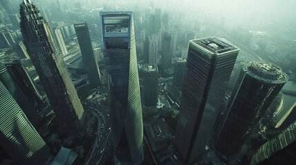 A futuristic cityscape with skyscrapers consisting of digital screens and billboards displaying various data, and cars speeding on the highway, high-tech road and highway lighting City Lights Blurred.