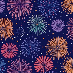 Colorful fireworks seamless pattern on dark blue background.