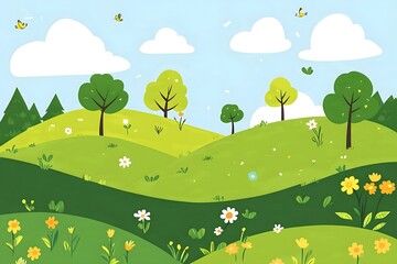 Naklejka premium Beautiful landscape vector illustration of mountains, forests, fields and meadows. Stunning panoramic farm landscape with mountains in the background. Natural landscape