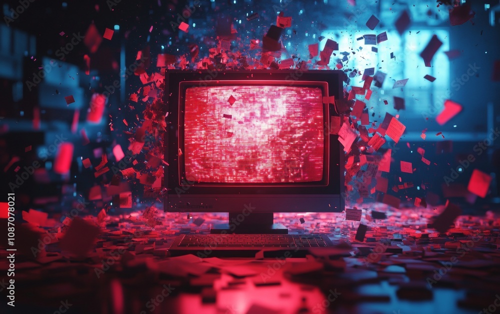 Poster crt monitor surrounded by a whirlwind of vibrant data streams, minimalist design emphasizing digital