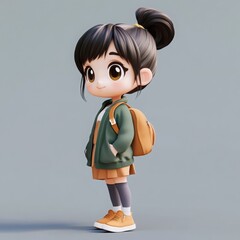 Charming chibi girl with soft collar hair, stylish outfit, tech elements, playful pose, simple backdrop, vibrant Bubble Mart design