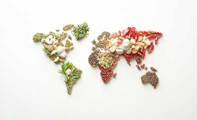 A world map made of various spices and herbs, on a white background.
