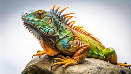 Obraz premium Vibrant Iguana Basking on a Rock - Colorful Reptile Isolated on White Background for Stunning Nature Photography