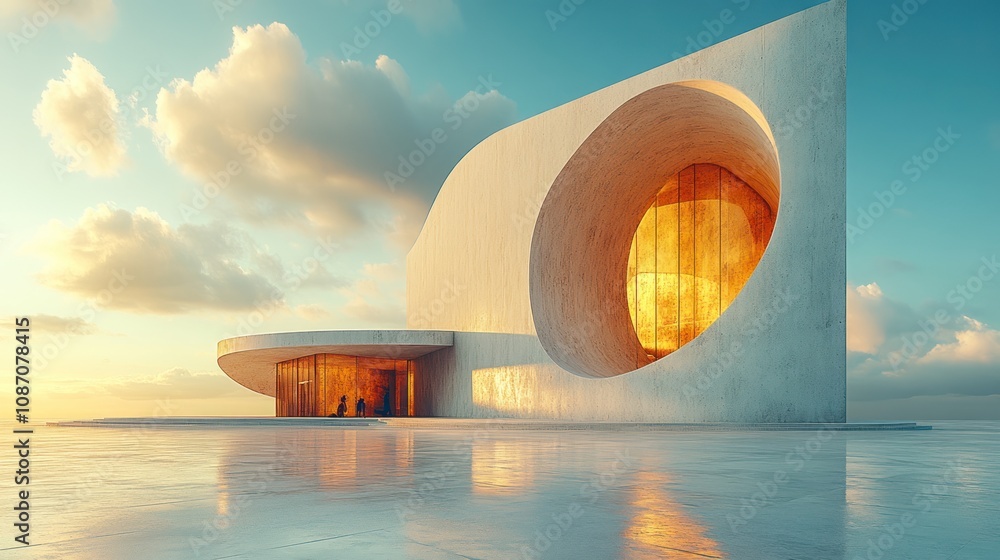 Poster Modern architectural structure with curved lines and large windows.