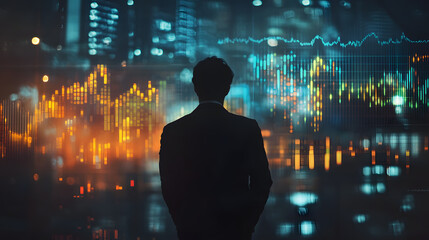 Businessman analyzes graph of trend market growth  and plans business growth