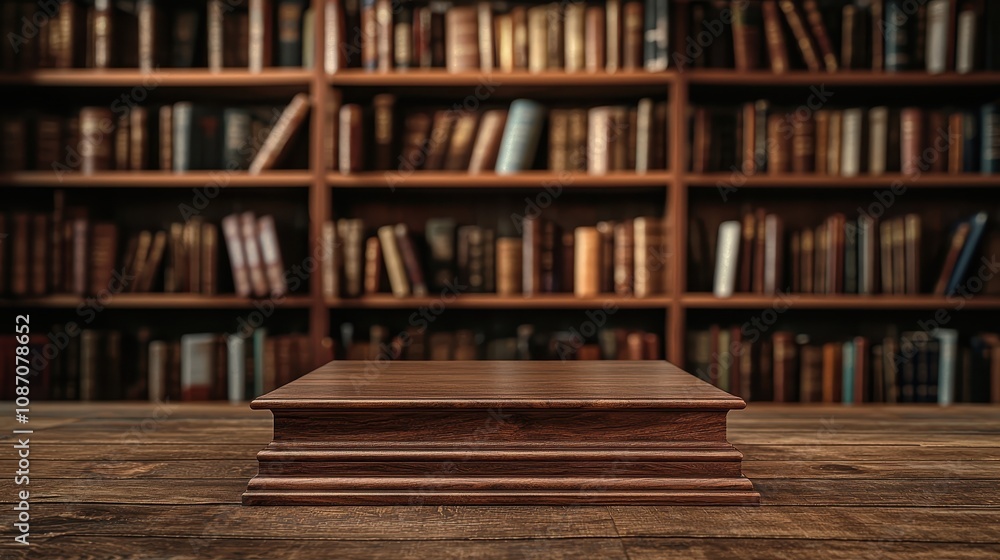 Poster Elegant Wooden Display Table with a Richly Textured Surface in Front of a Vintage Bookshelf Filled with Old Leather-Bound Books in Warm Lighting