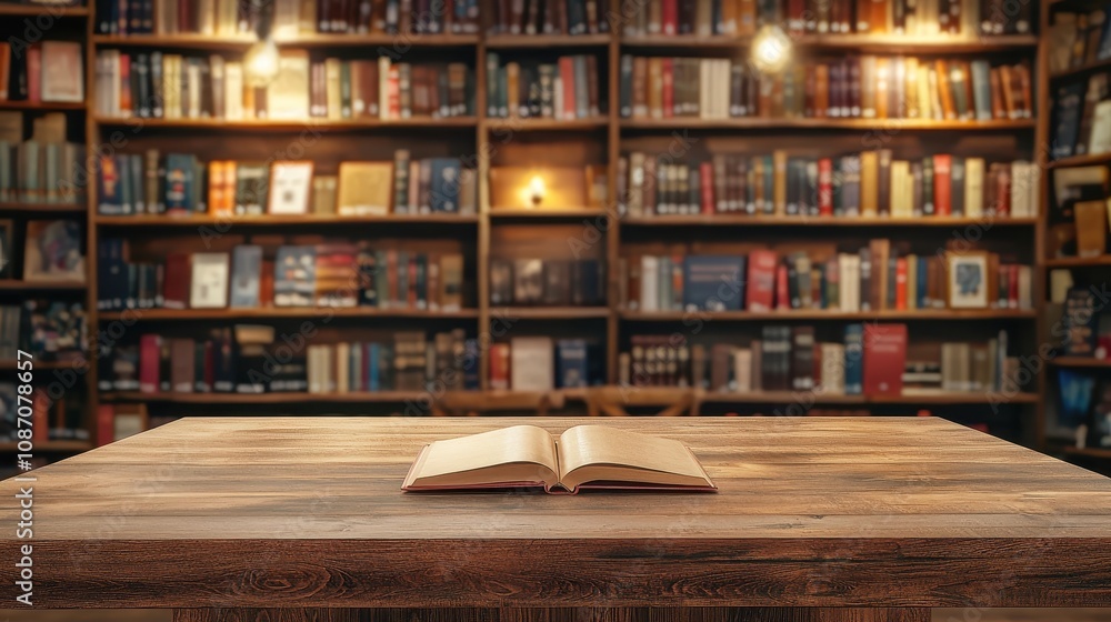 Poster serene interior of a cozy library featuring open book on wooden table surrounded by rows of books an