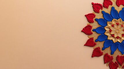 Colorful decorative design featuring red, blue, and gold elements.