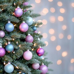 Obraz premium Decorated Christmas tree with pastel ornaments and lights.
