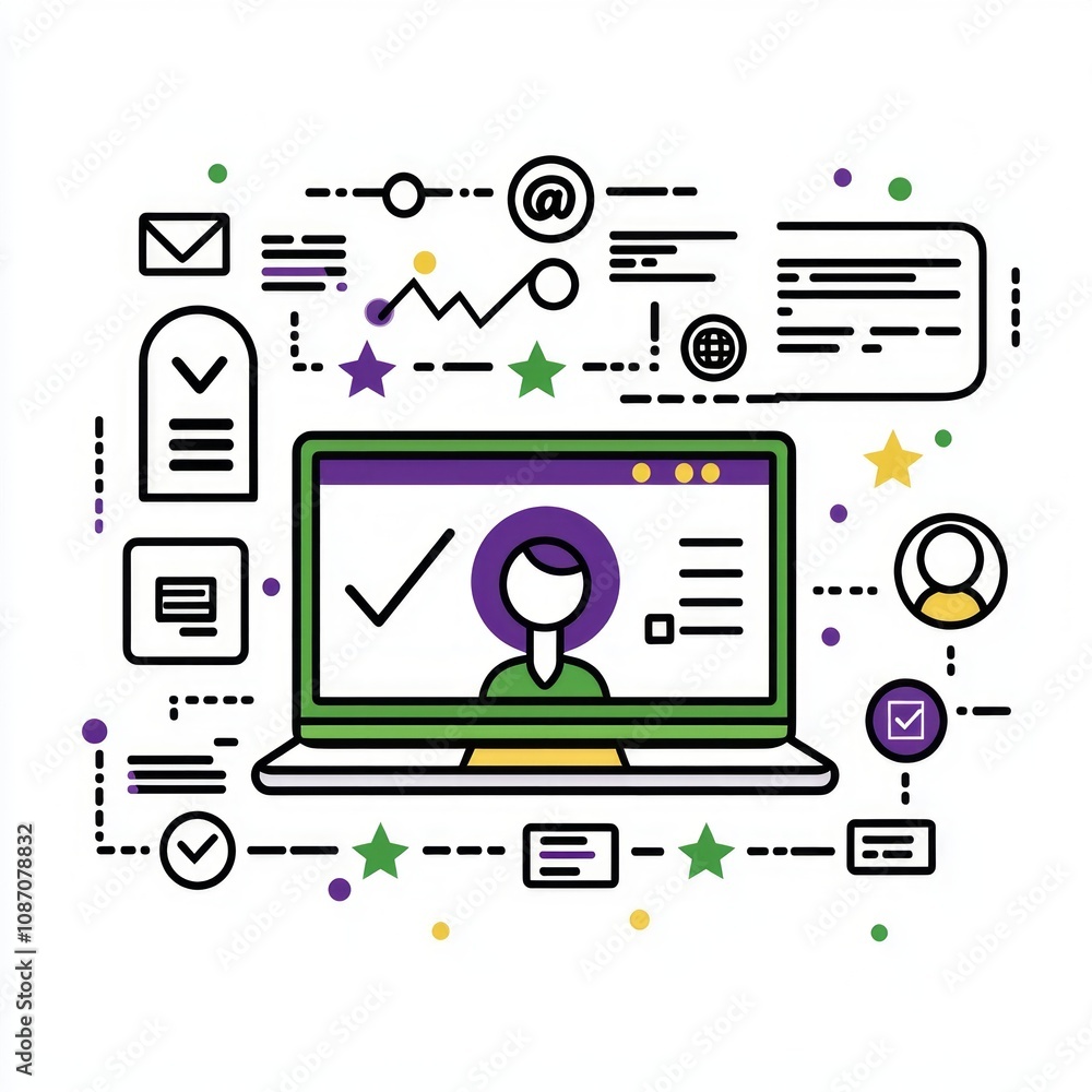 Poster minimalist design displays laptop faceless user surrounded success icons like customer profiles chec