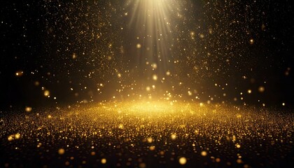 Fond avec effet de particules de lumi&egrave;re dor&eacute;e flottant dans un brouillard sombre pour une ambiance f&eacute;erique