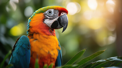 Fototapeta premium A colorful parrot is perched on a green leaf. The bird is bright and lively, with a blue and green body and a red head. The scene is peaceful and serene