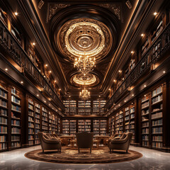 A grand but intimate library with floor-to-ceiling bookshelves, warm colors, and soft, enchanting lighting, photorealistic, no people, sharp focus, high detail