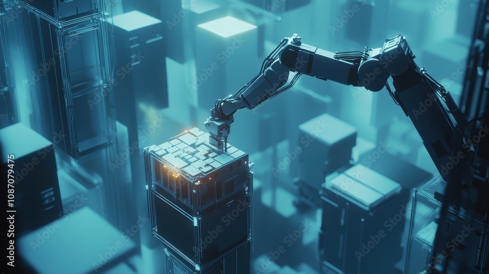 Poster futuristic robot arm performing automated tasks in a high-tech digital warehouse filled with glowing