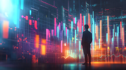 Businessman analyzes graph of trend market growth  and plans business growth