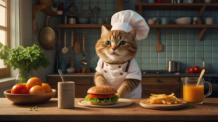cat making a burger in cook
