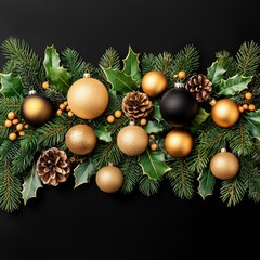 Festive Christmas garland with gold and black ornaments, pine cones, and holly on black background.